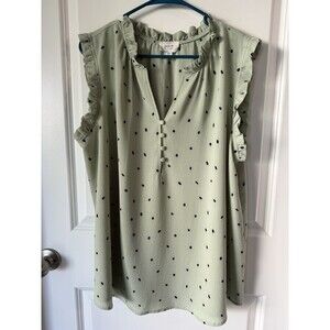 Perch Mint Green Ruffled‎ Sleeveless Blouse 2X XXL Polka Dot Button Up Top Shirt